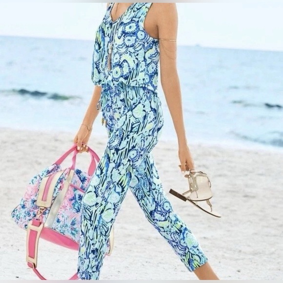 LILLY PULITZER Small Paulina Jumpsuit Sunset Swim Blue Green Tank Cropped Slim - Picture 1 of 15